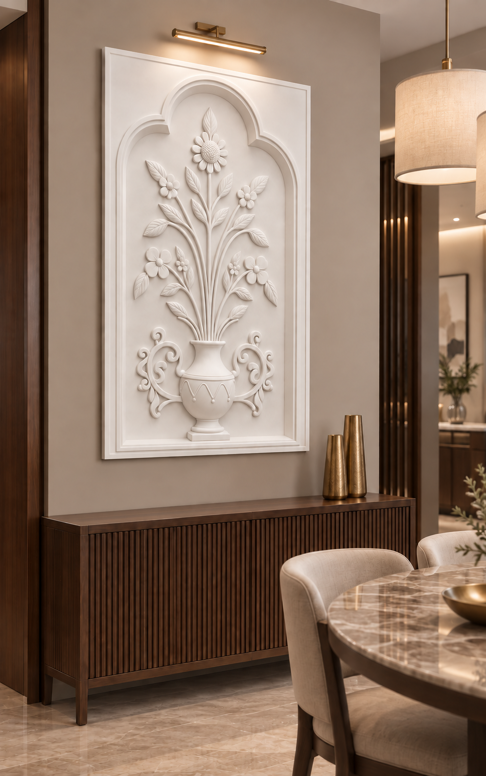 Trefoil Blossom Handled Urn Corian wall panel, left view in a Mumbai dining nook with a dark walnut sideboard, oval table and linen pendants; AI-assisted concept visualisation
