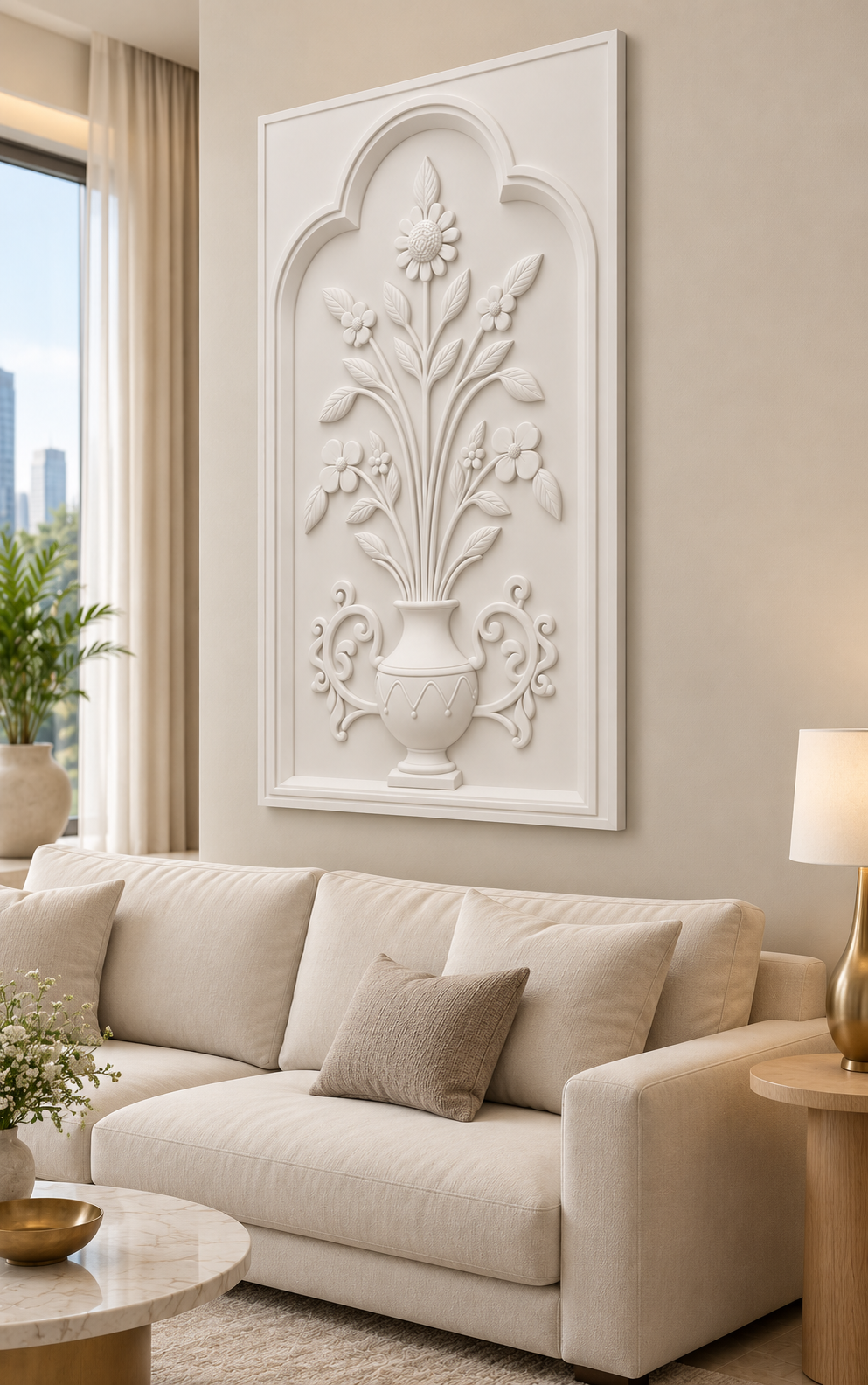 Trefoil Blossom Handled Urn Corian wall panel, right view in a Mumbai living room with a low ivory sofa, pale oak side table and soft window light; AI-assisted concept visualisation