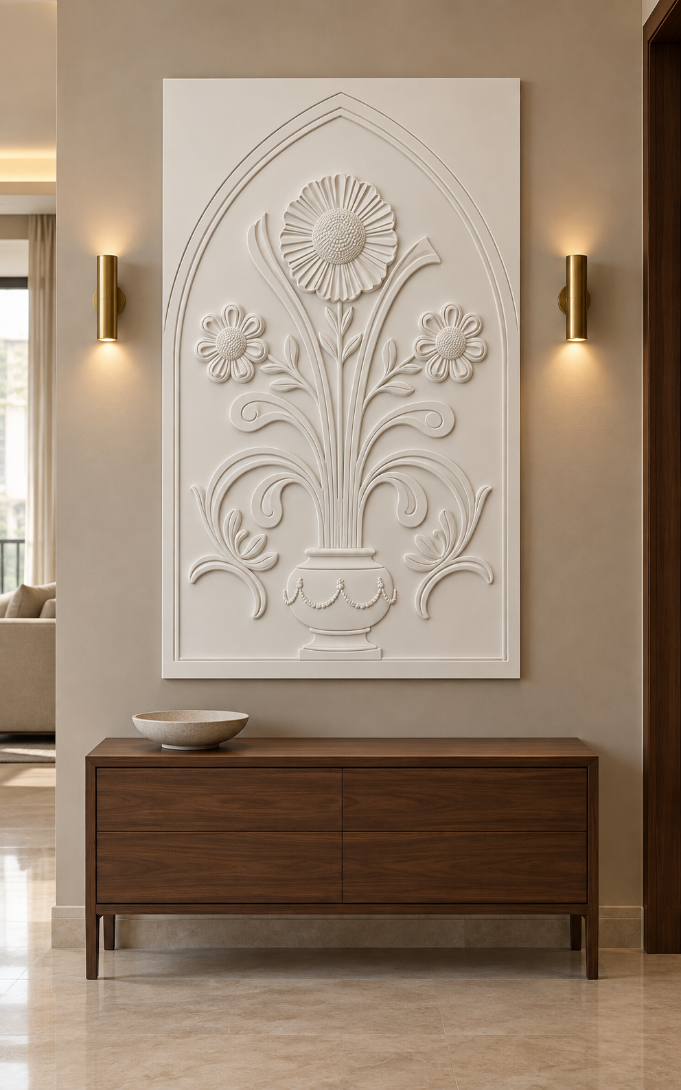Triple Daisy Garland Urn Corian wall panel, front view in a refined Mumbai apartment foyer with a walnut console and brass lighting; AI-assisted concept visualisation