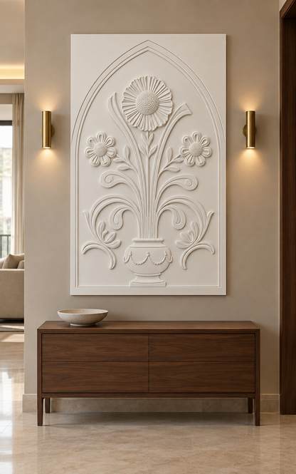 Triple Daisy Garland Urn Corian wall panel, front view in a refined Mumbai apartment foyer with a walnut console and brass lighting; AI-assisted concept visualisation
