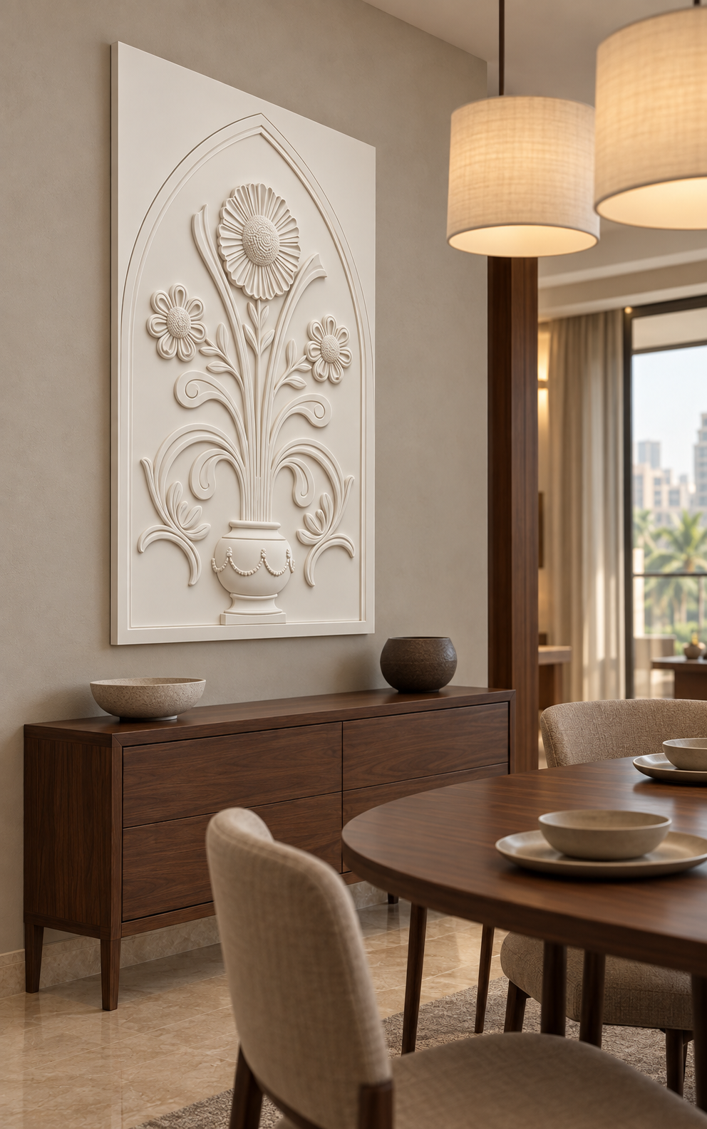 Triple Daisy Garland Urn Corian wall panel, left view in a Mumbai dining nook with a dark walnut sideboard, oval table and linen pendants; AI-assisted concept visualisation