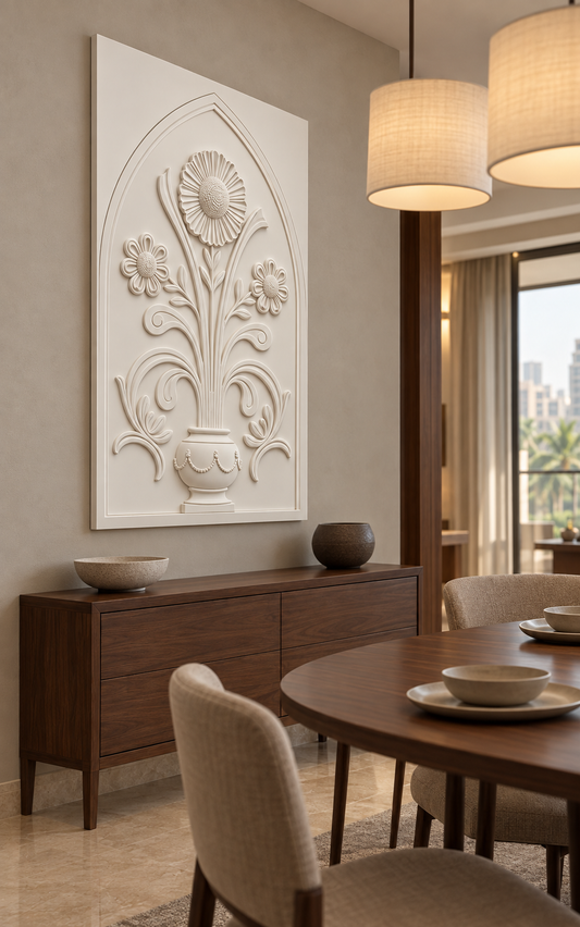 Triple Daisy Garland Urn Corian wall panel, left view in a Mumbai dining nook with a dark walnut sideboard, oval table and linen pendants; AI-assisted concept visualisation