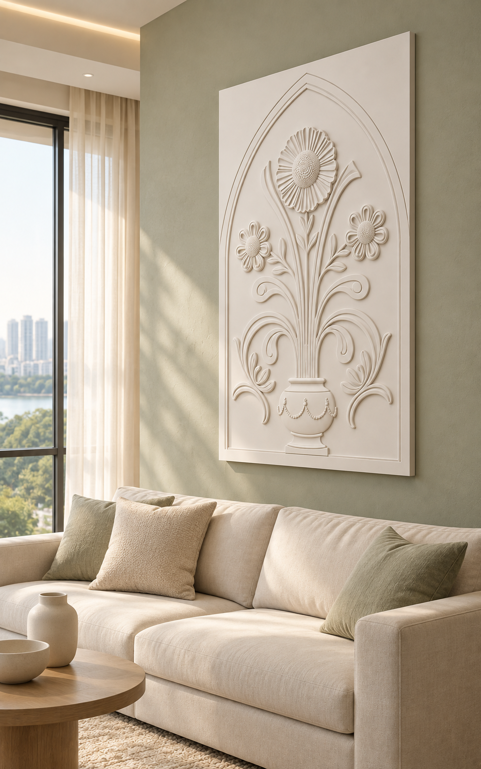 Triple Daisy Garland Urn Corian wall panel, right view in a Mumbai living room with a low ivory sofa, pale oak side table and soft window light; AI-assisted concept visualisation