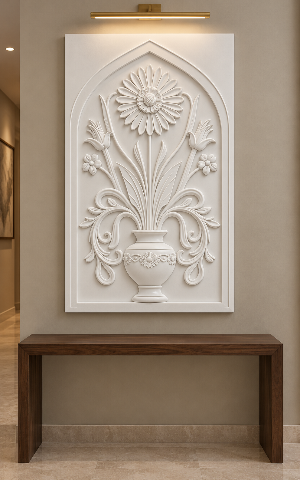 Trumpet Blossom Garland Urn Corian wall panel, front view in a refined Mumbai apartment foyer with a walnut console and brass lighting; AI-assisted concept visualisation