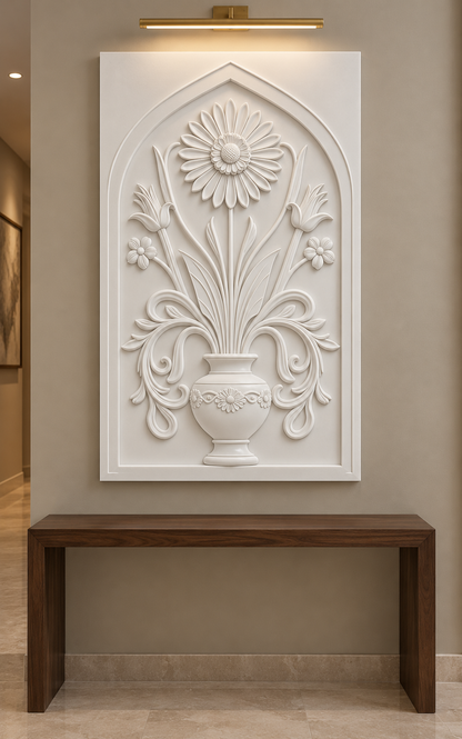 Trumpet Blossom Garland Urn Corian wall panel, front view in a refined Mumbai apartment foyer with a walnut console and brass lighting; AI-assisted concept visualisation