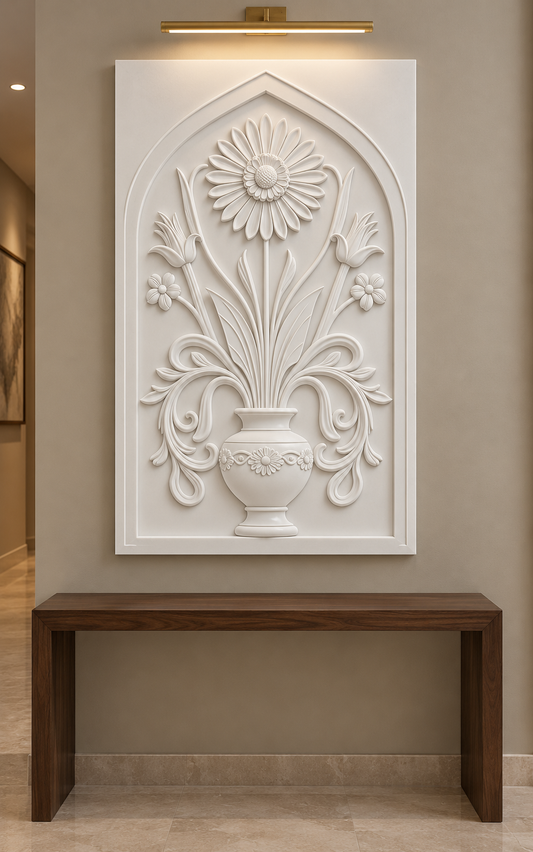 Trumpet Blossom Garland Urn Corian wall panel, front view in a refined Mumbai apartment foyer with a walnut console and brass lighting; AI-assisted concept visualisation