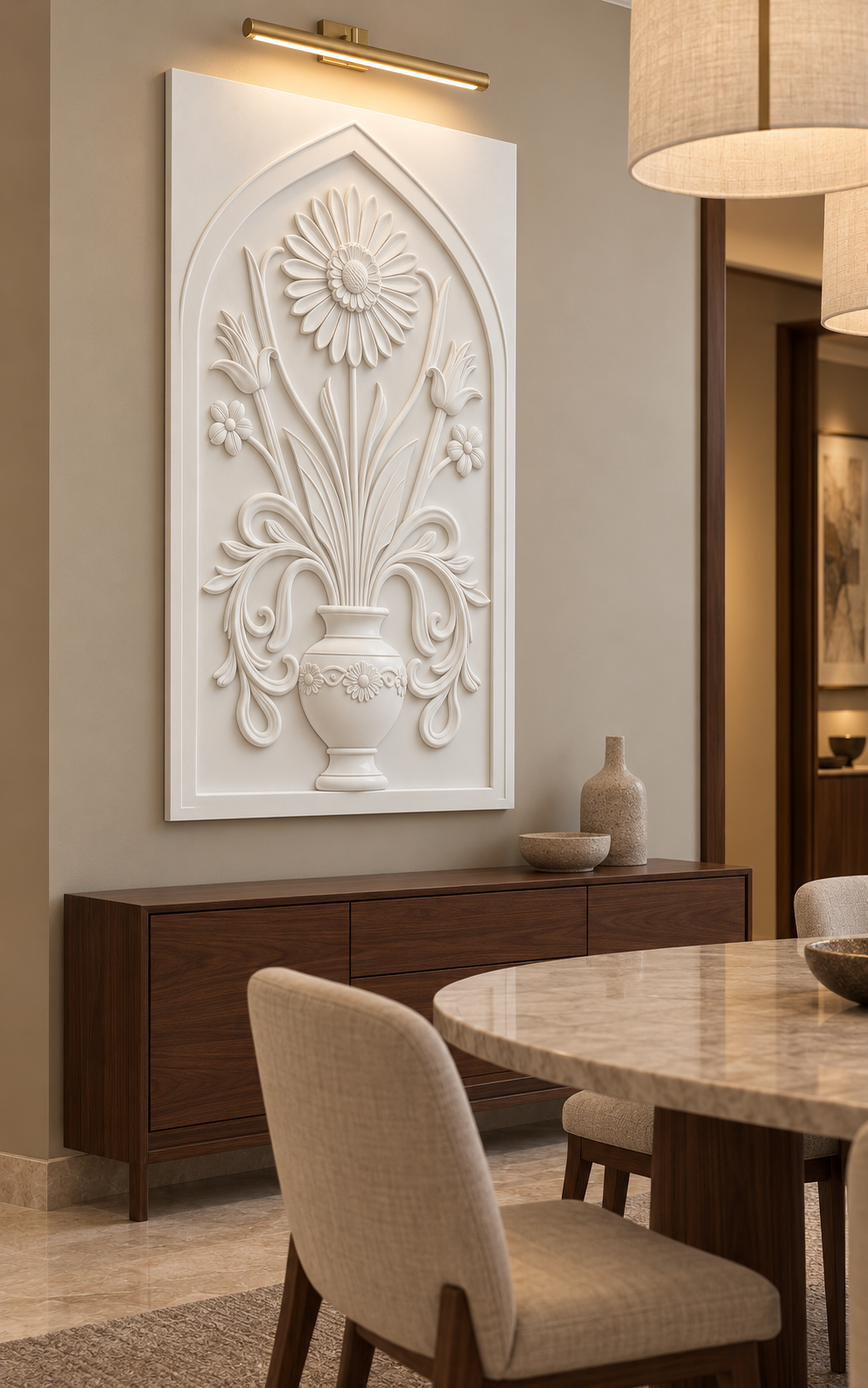 Trumpet Blossom Garland Urn Corian wall panel, left view in a Mumbai dining nook with a dark walnut sideboard, oval table and linen pendants; AI-assisted concept visualisation
