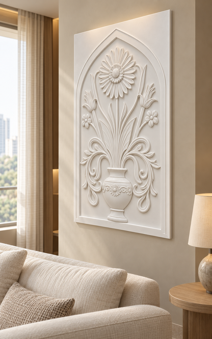 Trumpet Blossom Garland Urn Corian wall panel, right view in a Mumbai living room with a low ivory sofa, pale oak side table and soft window light; AI-assisted concept visualisation