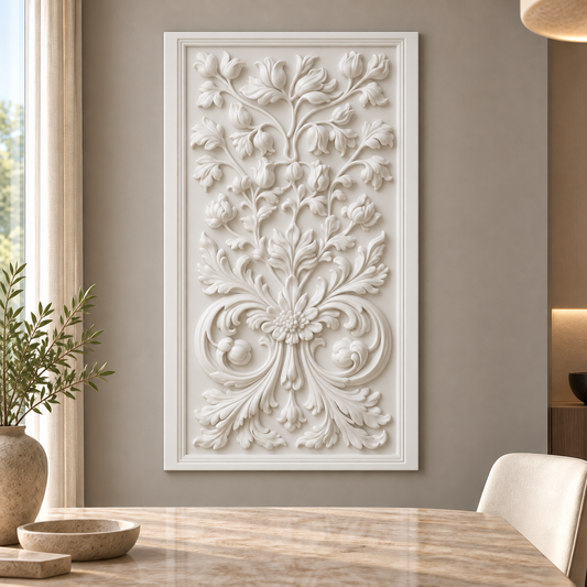Tulip Acanthus Crest Corian Wall Panel, front view in a Powai apartment dining room, showing the complete shallow relief.