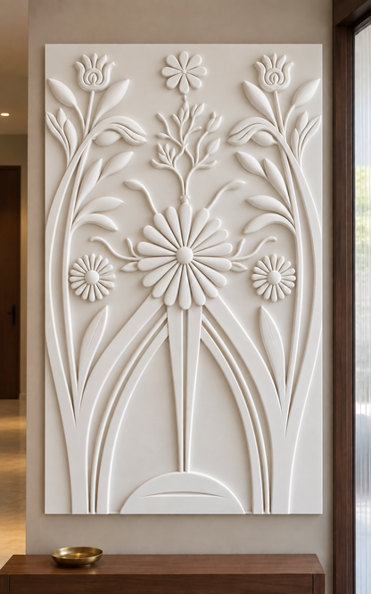 Tulip Daisy Garden Corian wall panel, front view in a Mumbai entrance foyer; AI-assisted concept visualisation