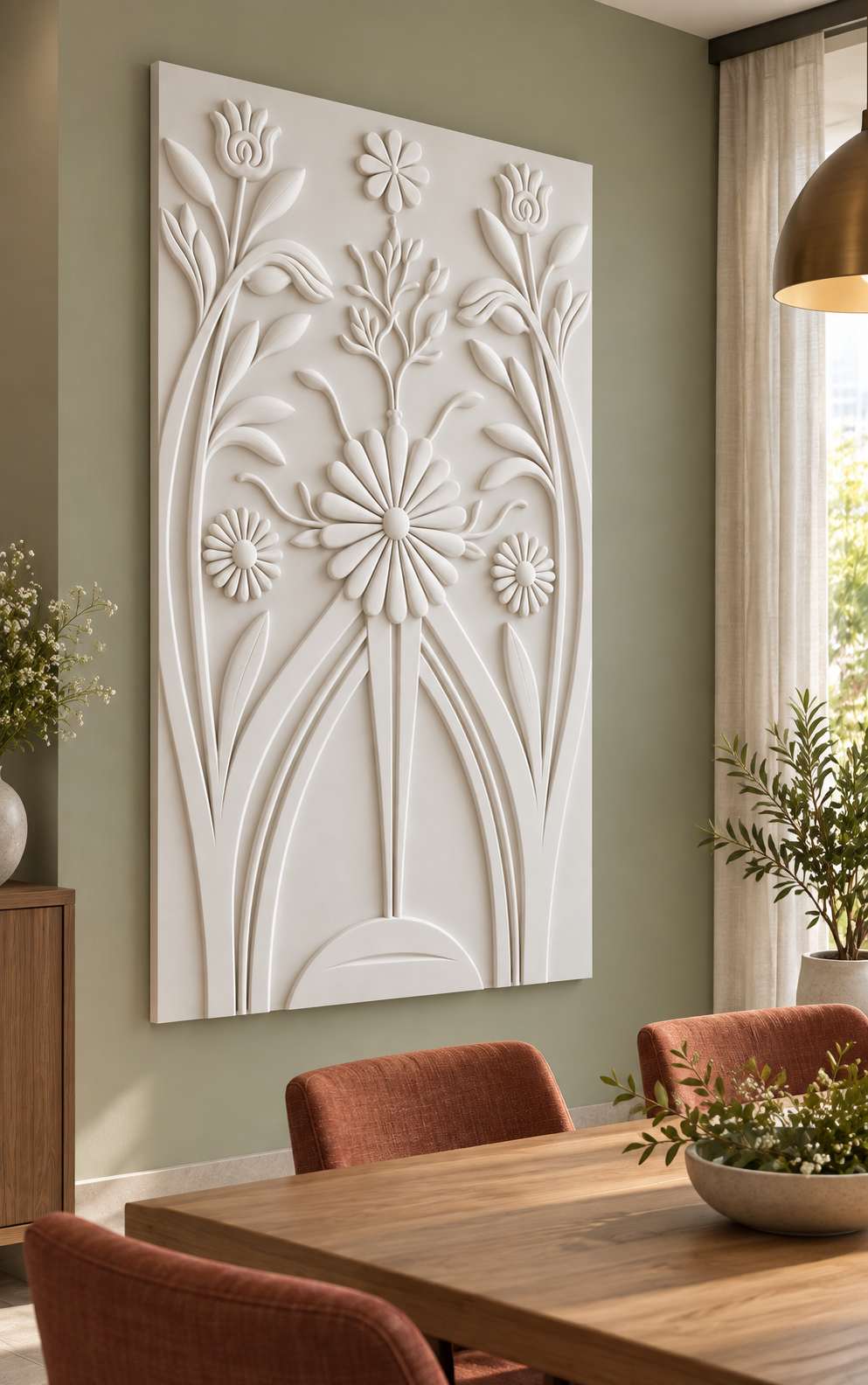 Tulip Daisy Garden Corian wall panel, left view in a Mumbai family dining room; AI-assisted concept visualisation