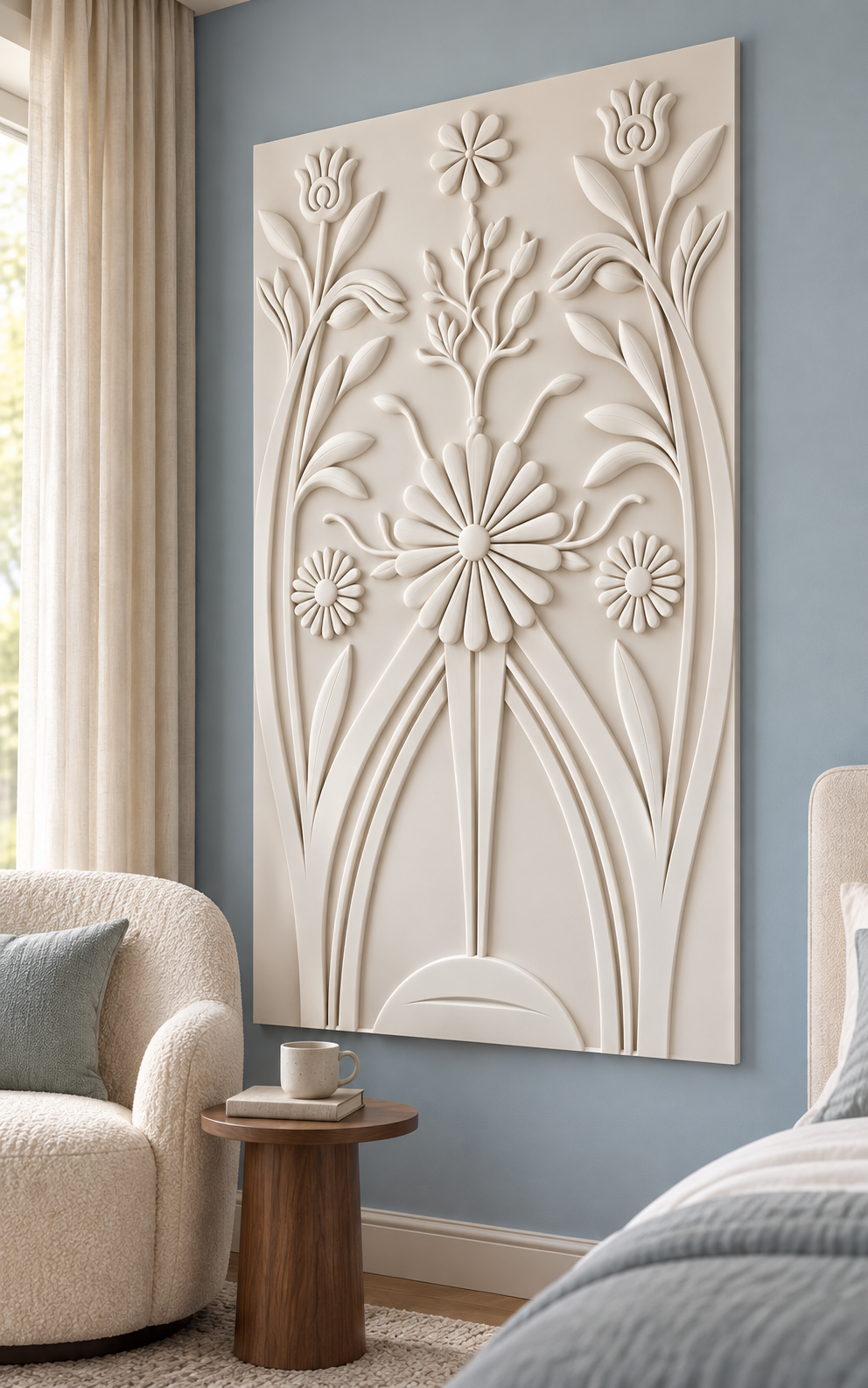 Tulip Daisy Garden Corian wall panel, right view in a Mumbai bedroom reading corner; AI-assisted concept visualisation