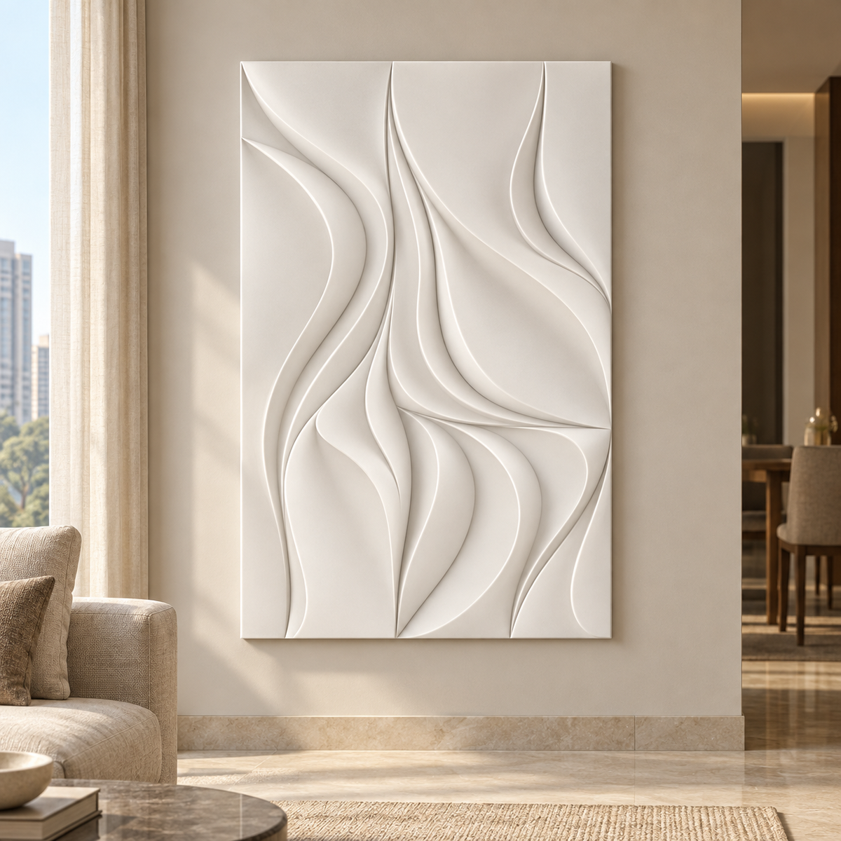 Turning Ribbon Planes Corian wall panel, 2.5 x 4 ft, front view in living room, 12-24 mm total depth