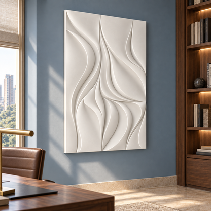 Turning Ribbon Planes Corian wall panel, 2.5 x 4 ft, left view in home study, 12-24 mm total depth