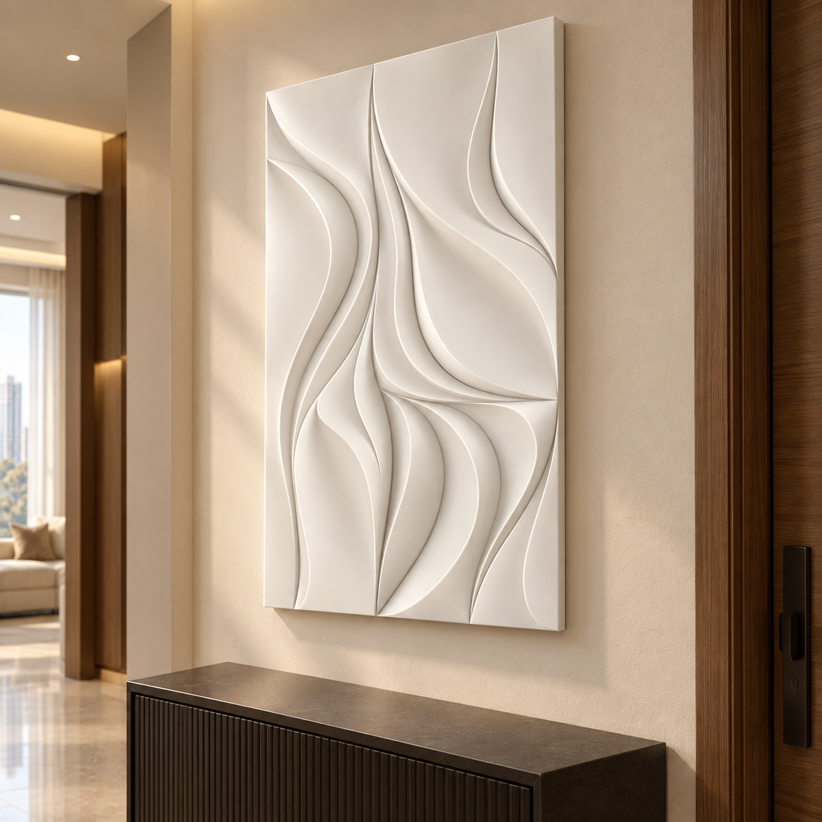Turning Ribbon Planes Corian wall panel, 2.5 x 4 ft, right view in entrance passage, 12-24 mm total depth