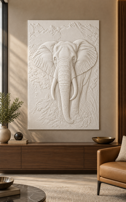Tusker Textured Portrait Corian wall panel, 2.5 x 4 ft, front view in a contemporary living room