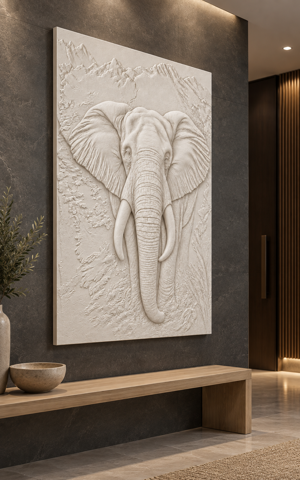 Tusker Textured Portrait Corian wall panel, 2.5 x 4 ft, left view in an entrance foyer