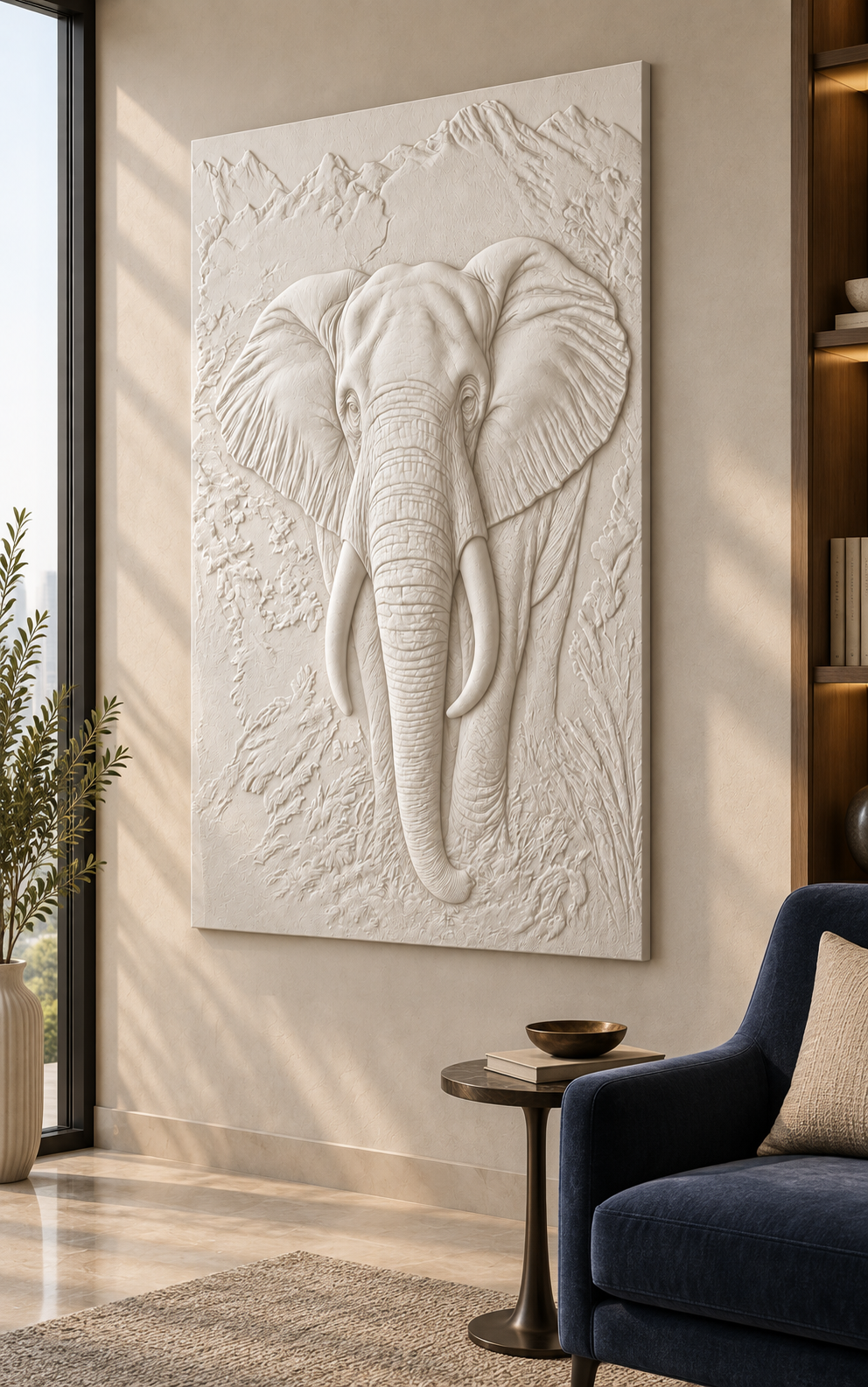 Tusker Textured Portrait Corian wall panel, 2.5 x 4 ft, right view in a reading lounge