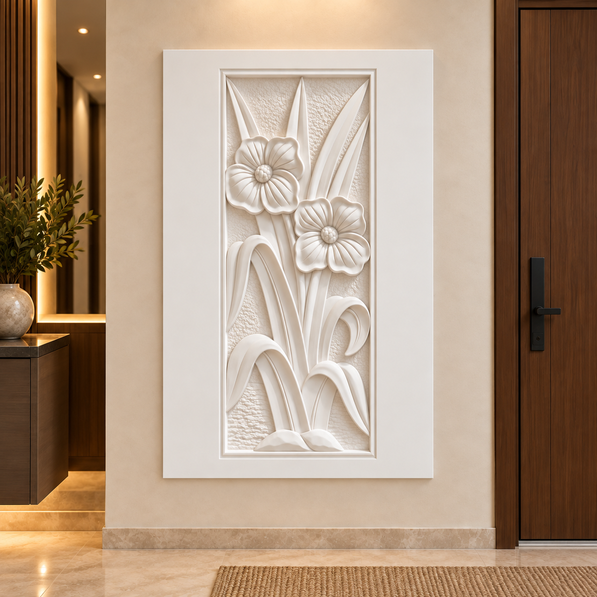 Twin Blossom Frame Corian wall panel, front view in a Chembur apartment entrance foyer; satin white relief concept.