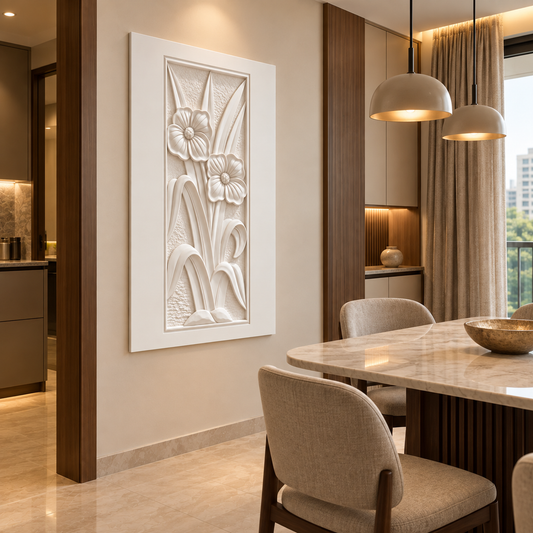 Twin Blossom Frame Corian wall panel, left view in a Chembur apartment dining nook; satin white relief concept.