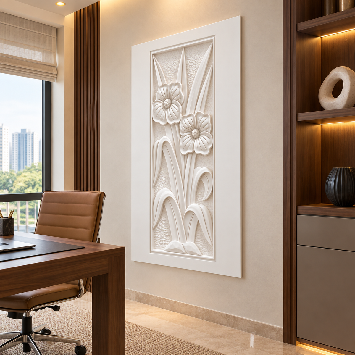 Twin Blossom Frame Corian wall panel, right view in a Mulund apartment study; satin white relief concept.