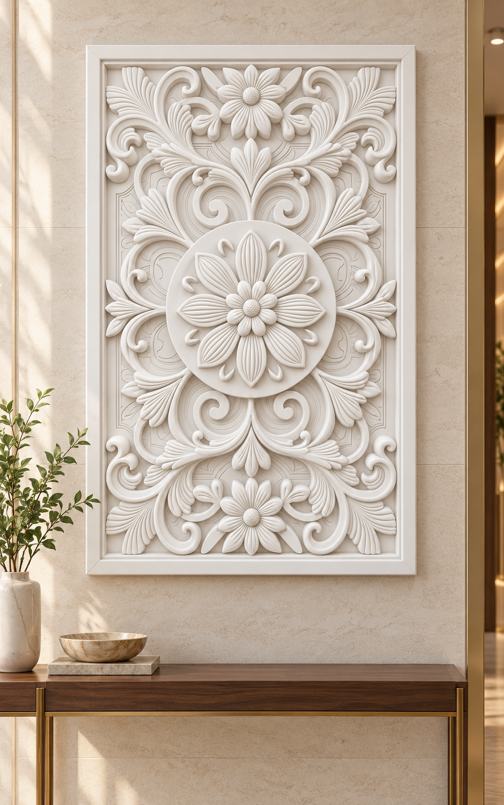 Twin Blossom Medallion Corian wall panel, front view on an entrance console wall in a Mumbai home; AI-assisted concept visualisation