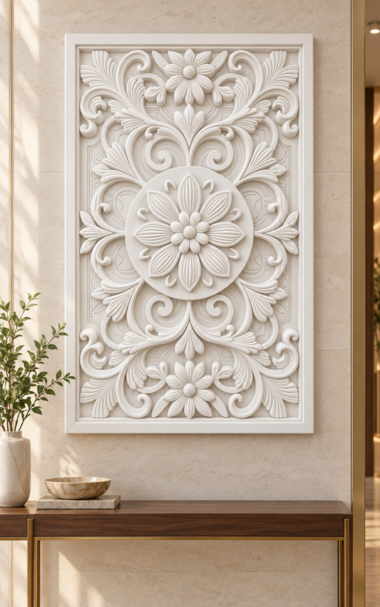 Twin Blossom Medallion Corian wall panel, front view on an entrance console wall in a Mumbai home; AI-assisted concept visualisation