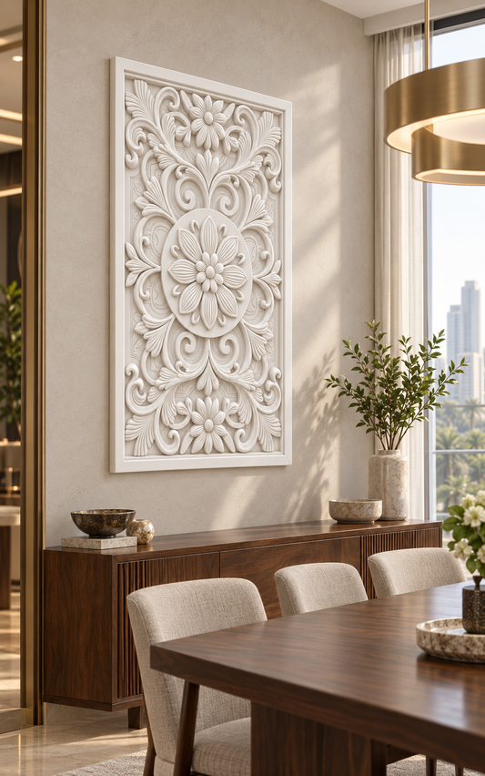 Twin Blossom Medallion Corian wall panel, left view on a formal dining room wall in a Mumbai home; AI-assisted concept visualisation