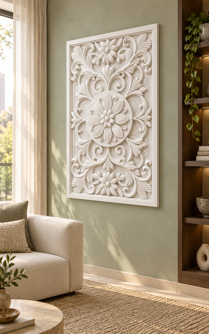 Twin Blossom Medallion Corian wall panel, right view on a living room display wall in a Mumbai home; AI-assisted concept visualisation
