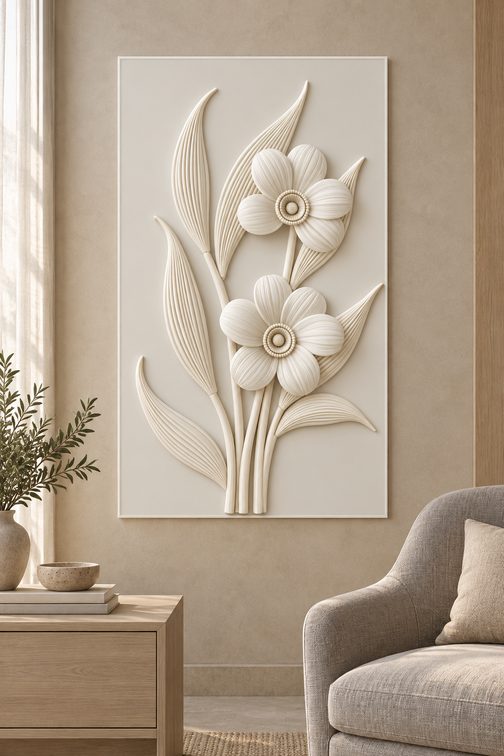 Twin Blossom Ribbed Leaves Corian wall panel, front view in a Mumbai bedroom sitting corner, showing its satin white shallow relief.