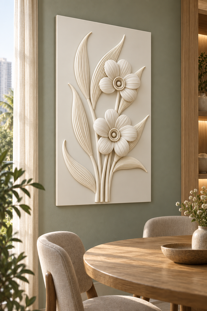 Twin Blossom Ribbed Leaves Corian wall panel, left view in a Mumbai dining-room alcove, showing its satin white shallow relief.