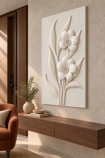 Twin Blossom Ribbed Leaves Corian wall panel, right view in a Mumbai entrance lounge, showing its satin white shallow relief.