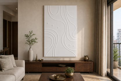 Twin Contour white Corian wall panel, front view in a Mumbai home interior visualisation