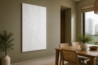 Twin Contour white Corian wall panel, left angle view in a Mumbai home interior visualisation