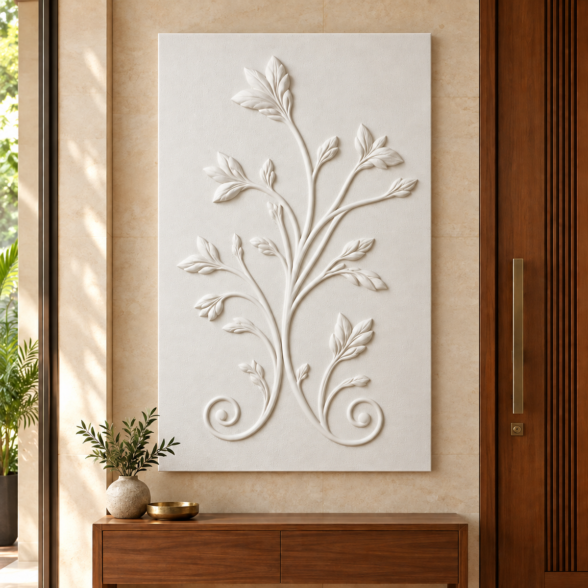 Twin Curl Leaf Sprig Corian wall panel, front view in a Mumbai entrance foyer; AI-assisted concept visualisation