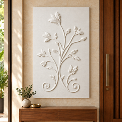 Twin Curl Leaf Sprig Corian wall panel, front view in a Mumbai entrance foyer; AI-assisted concept visualisation