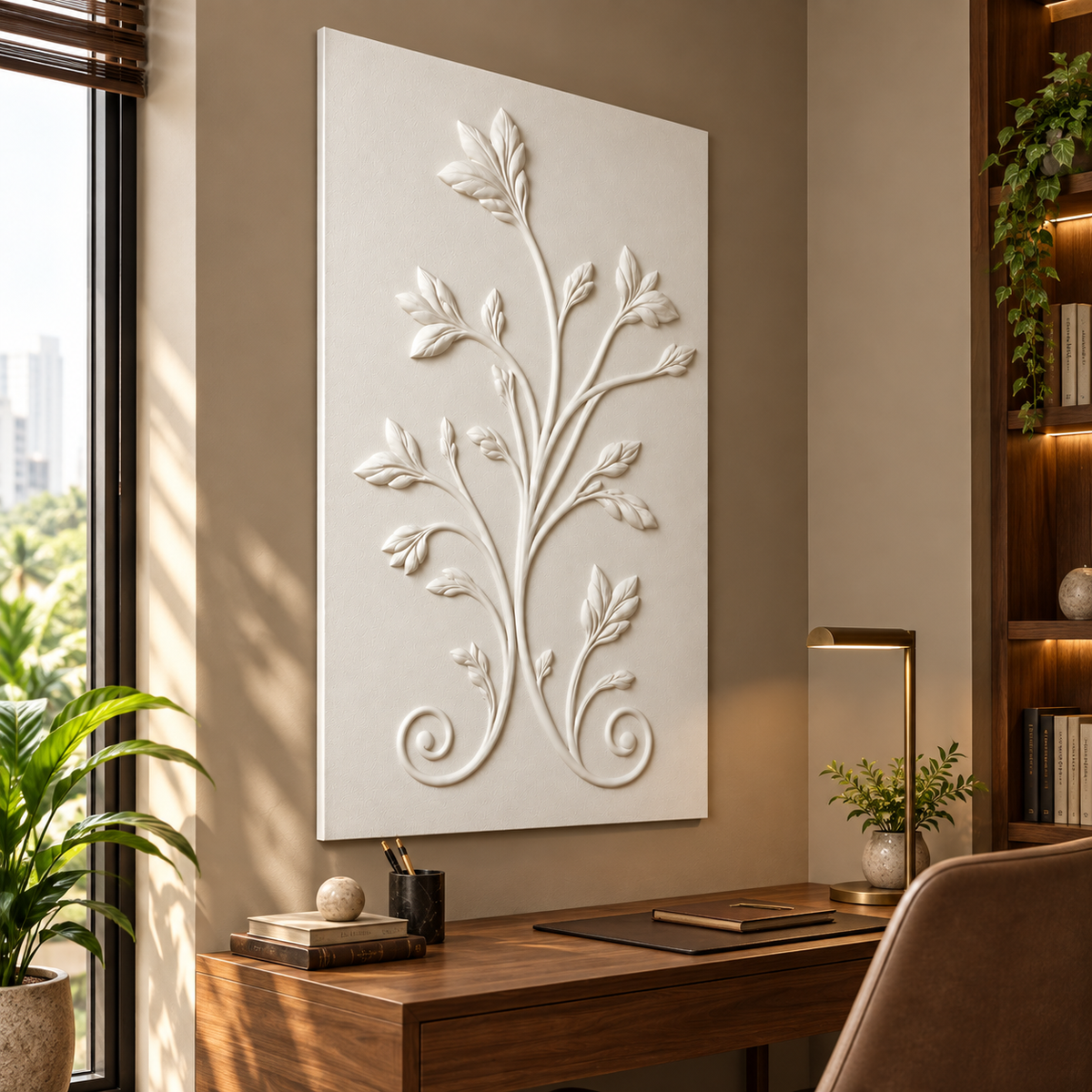 Twin Curl Leaf Sprig Corian wall panel, left view in a Mumbai home study; AI-assisted concept visualisation