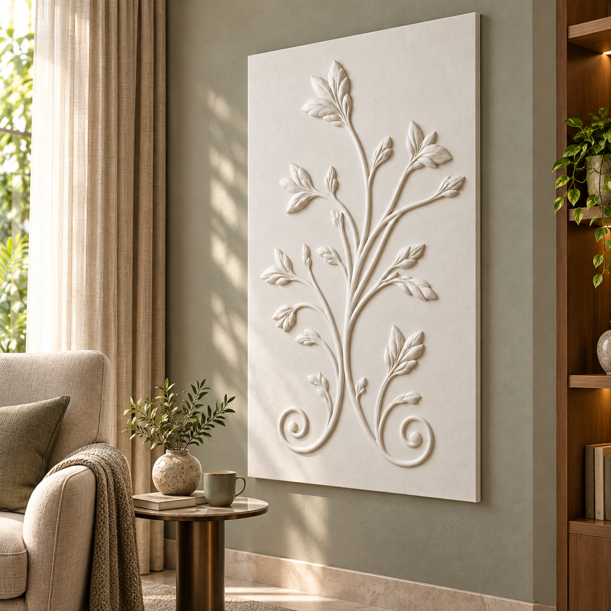 Twin Curl Leaf Sprig Corian wall panel, right view in a Mumbai bedroom reading corner; AI-assisted concept visualisation