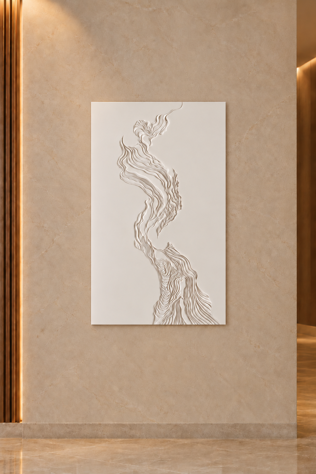 Twin Current Ribbons Corian Wall Panel CWP-613, front view in a Mumbai home setting; AI-assisted concept