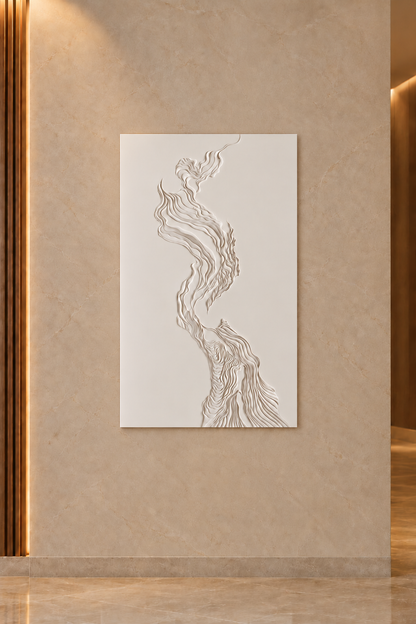 Twin Current Ribbons Corian Wall Panel CWP-613, front view in a Mumbai home setting; AI-assisted concept