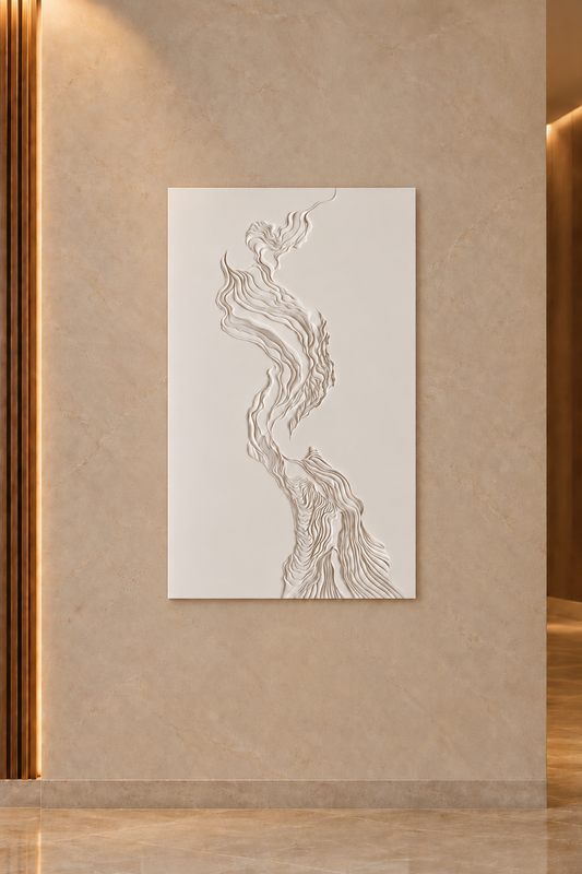 Twin Current Ribbons Corian Wall Panel CWP-613, front view in a Mumbai home setting; AI-assisted concept