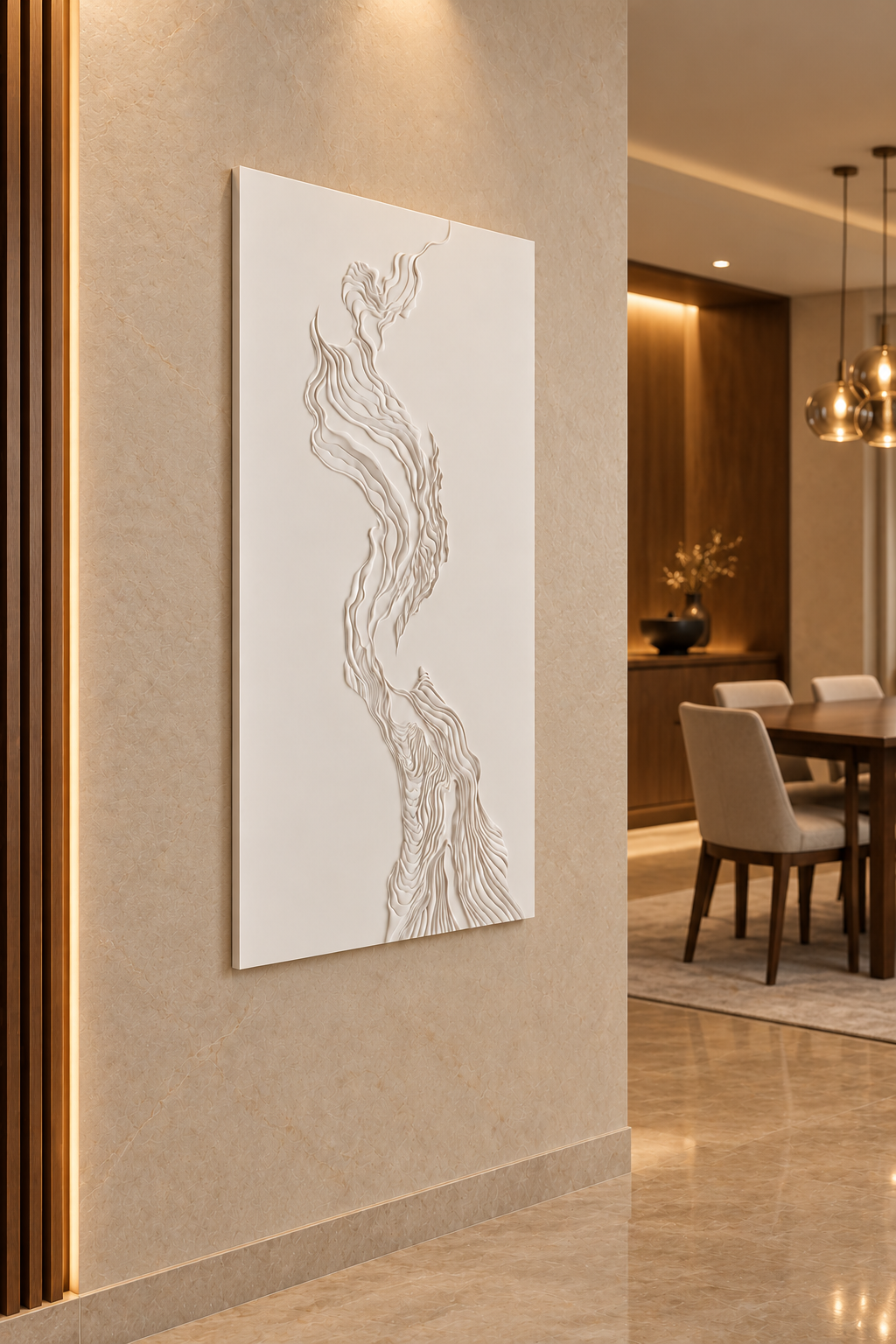 Twin Current Ribbons Corian Wall Panel CWP-613, left view in a Mumbai home setting; AI-assisted concept