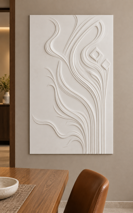 Twin Diamond Ribbon Rise Corian wall panel, front view in a Chembur dining nook