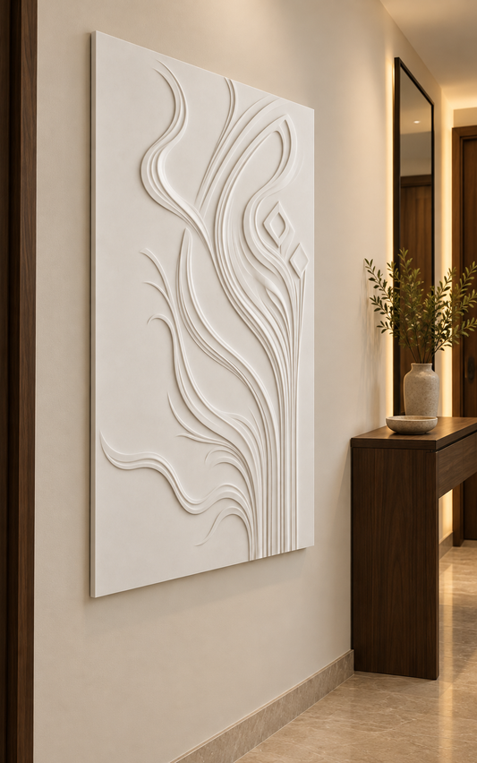 Twin Diamond Ribbon Rise Corian wall panel, left view in a Bandra entrance passage