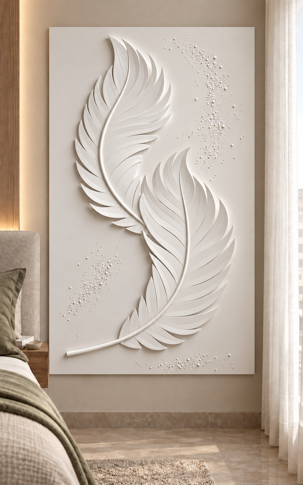 Twin Feather Sway Corian wall panel, front view in a Mumbai bedroom feature wall; AI-assisted concept visualisation