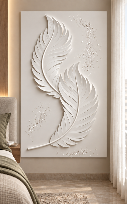 Twin Feather Sway Corian wall panel, front view in a Mumbai bedroom feature wall; AI-assisted concept visualisation