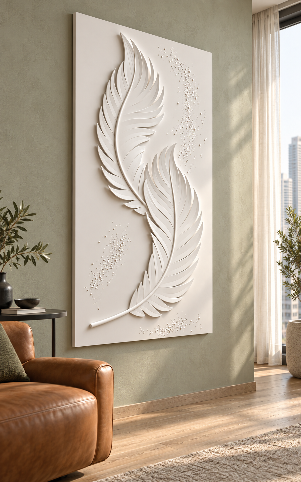 Twin Feather Sway Corian wall panel, left view in a Mumbai contemporary living room; AI-assisted concept visualisation