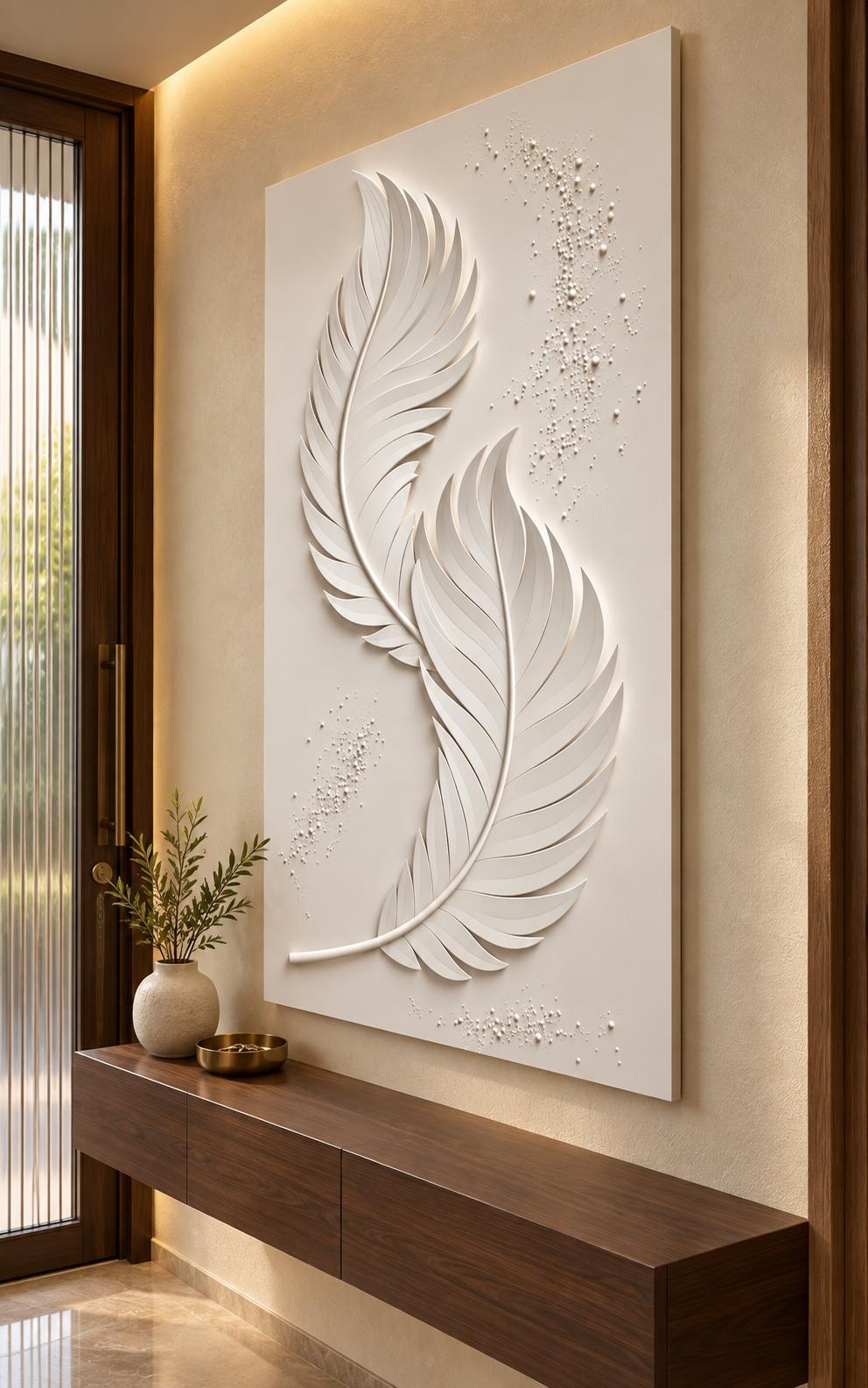 Twin Feather Sway Corian wall panel, right view in a Mumbai entrance console wall; AI-assisted concept visualisation