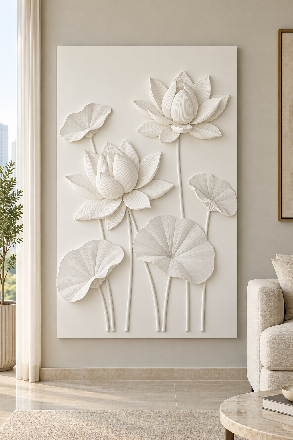Twin Lotus Pond Corian wall panel, front view in a Mumbai apartment living room, showing its satin white shallow relief.