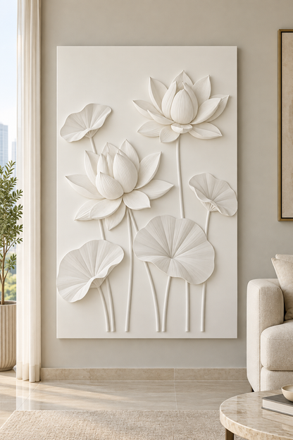 Twin Lotus Pond Corian wall panel, front view in a Mumbai apartment living room, showing its satin white shallow relief.
